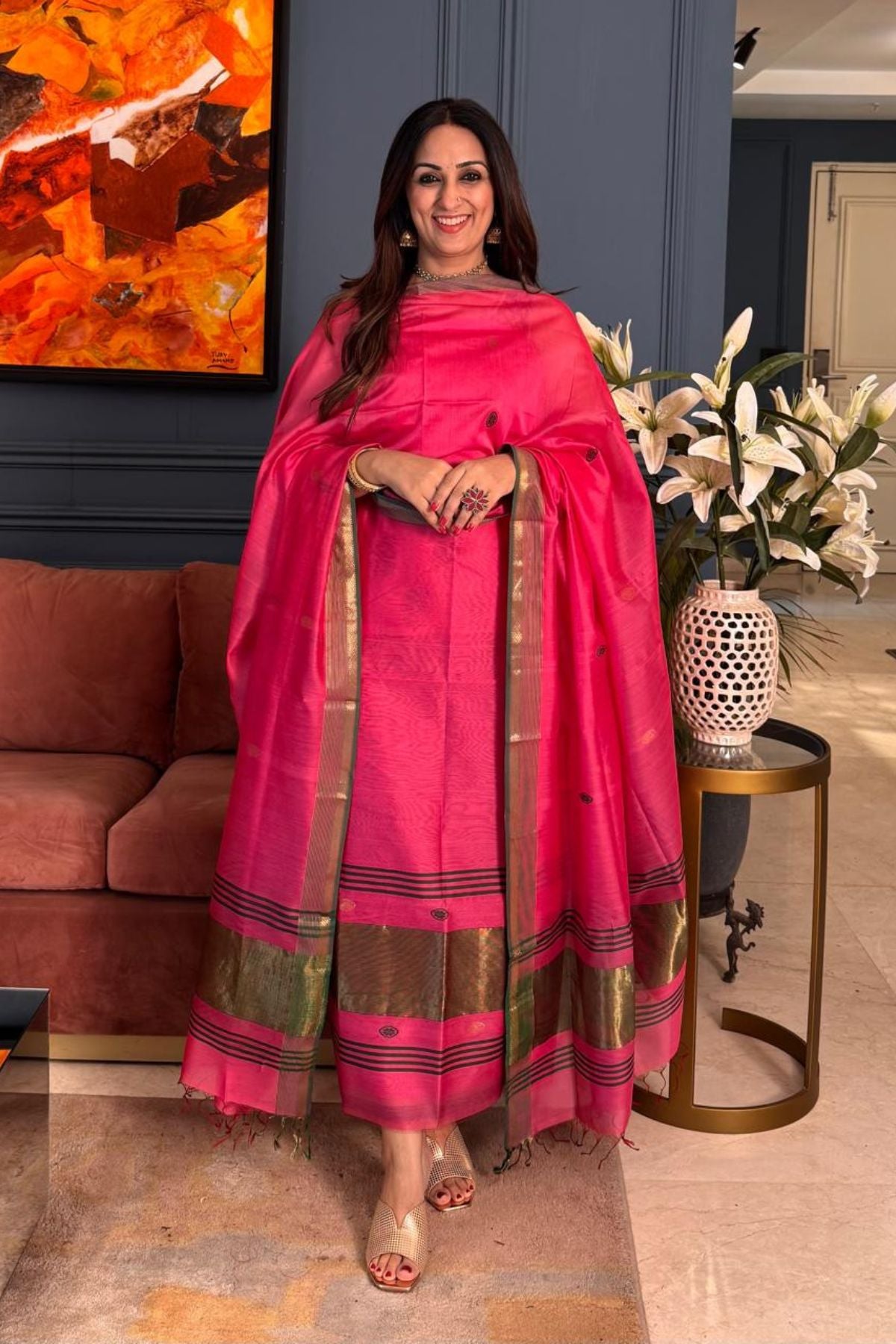 Handwoven Maheshwari silk kurta dupatta set